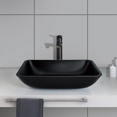 Berijpt Crystal Stone Bathroom Wash Basins Rechthoekig Zwart Matte Vessel Sink