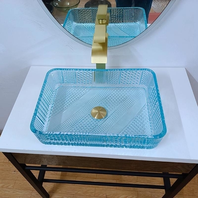 460mm Lengte rechthoekig vat gootsteen Glas badkamer 330mm Breedte Water Blauwe kleur