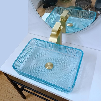 460mm Lengte rechthoekig vat gootsteen Glas badkamer 330mm Breedte Water Blauwe kleur