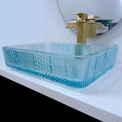 460mm Lengte rechthoekig vat gootsteen Glas badkamer 330mm Breedte Water Blauwe kleur