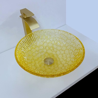 Rond Gelakt Crystal Wash Basins Low Profile-Glas 12mm Moderne Gouden Geel