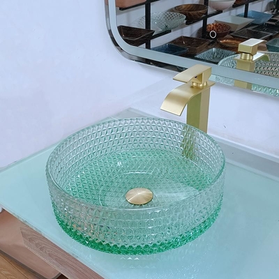 Diamond Shape Crystal Glass Vessel daalt van het de Wasbassin van de Lijstbovenkant de Groene Bodem