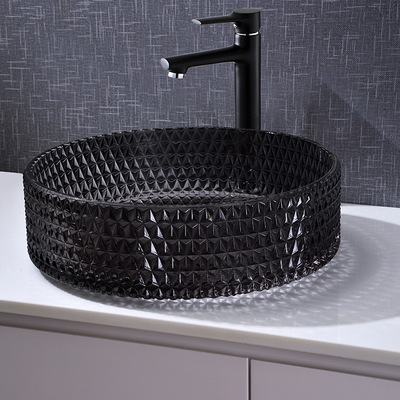Diamond Shape Crystal Wash Basin 22 Duim Transparante Zwarte Ronde Countertop Gootsteen
